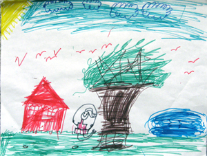 Sun, birds, house, girl jumping rope, pool, and a large tree with visible roots in the ground